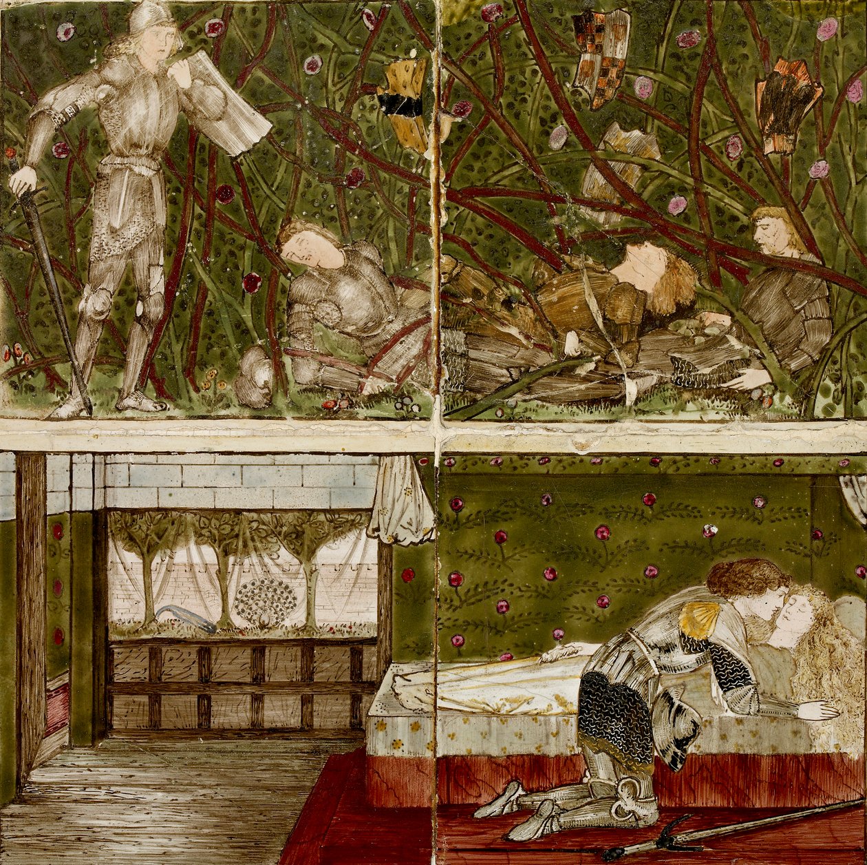 16块瓷砖组成了8幅 "Briar Rose "故事的插图，1862-1865年。艺术家。威廉-莫里斯，爱德华-科利-伯恩-琼斯爵士。 作者 威廉·莫里斯、爱德华·科利·伯恩·琼斯爵士