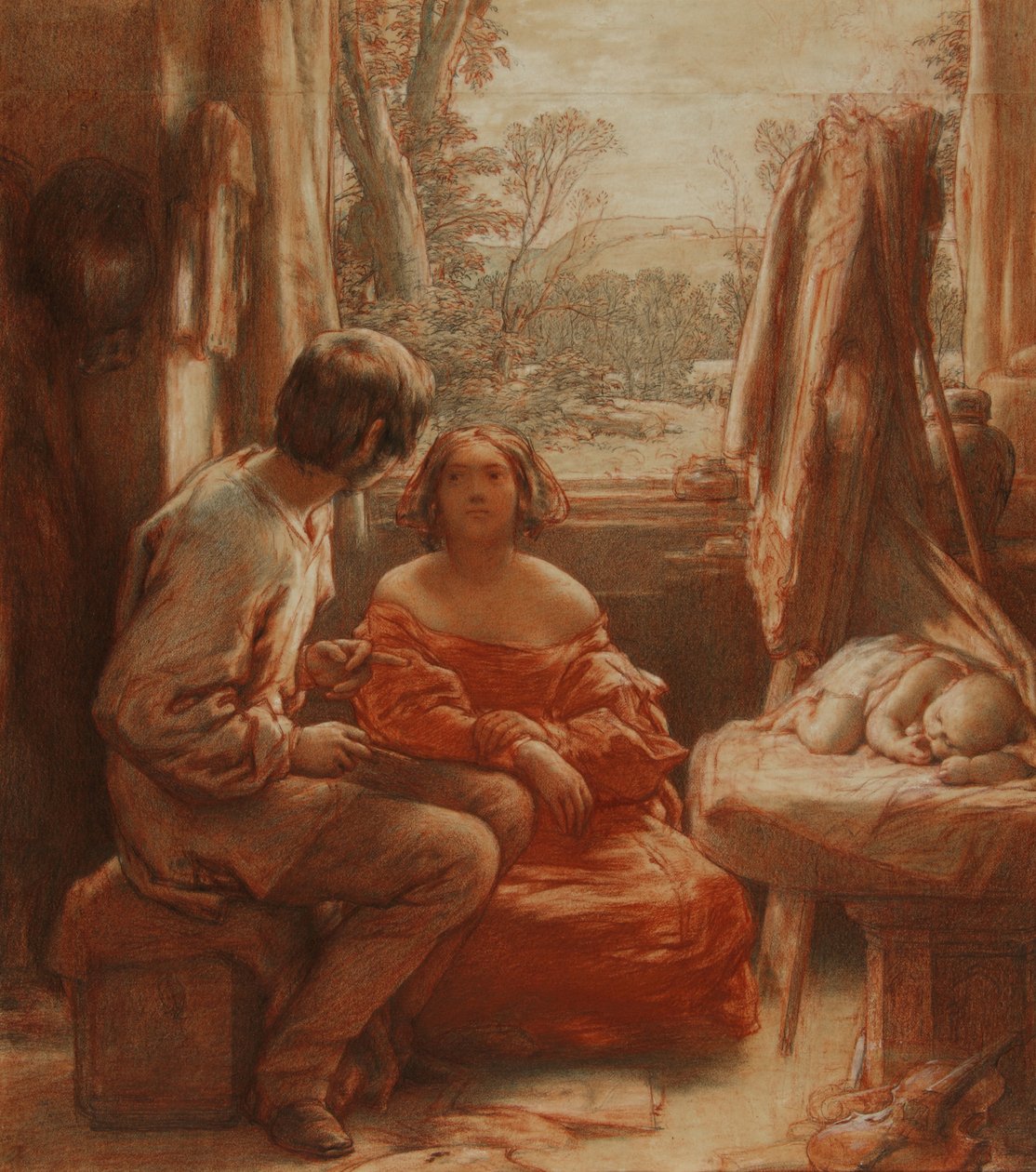 艺术家工作室，c.1839（铅笔，纸上红白粉笔） 作者 威廉·穆雷迪（William Mulready）