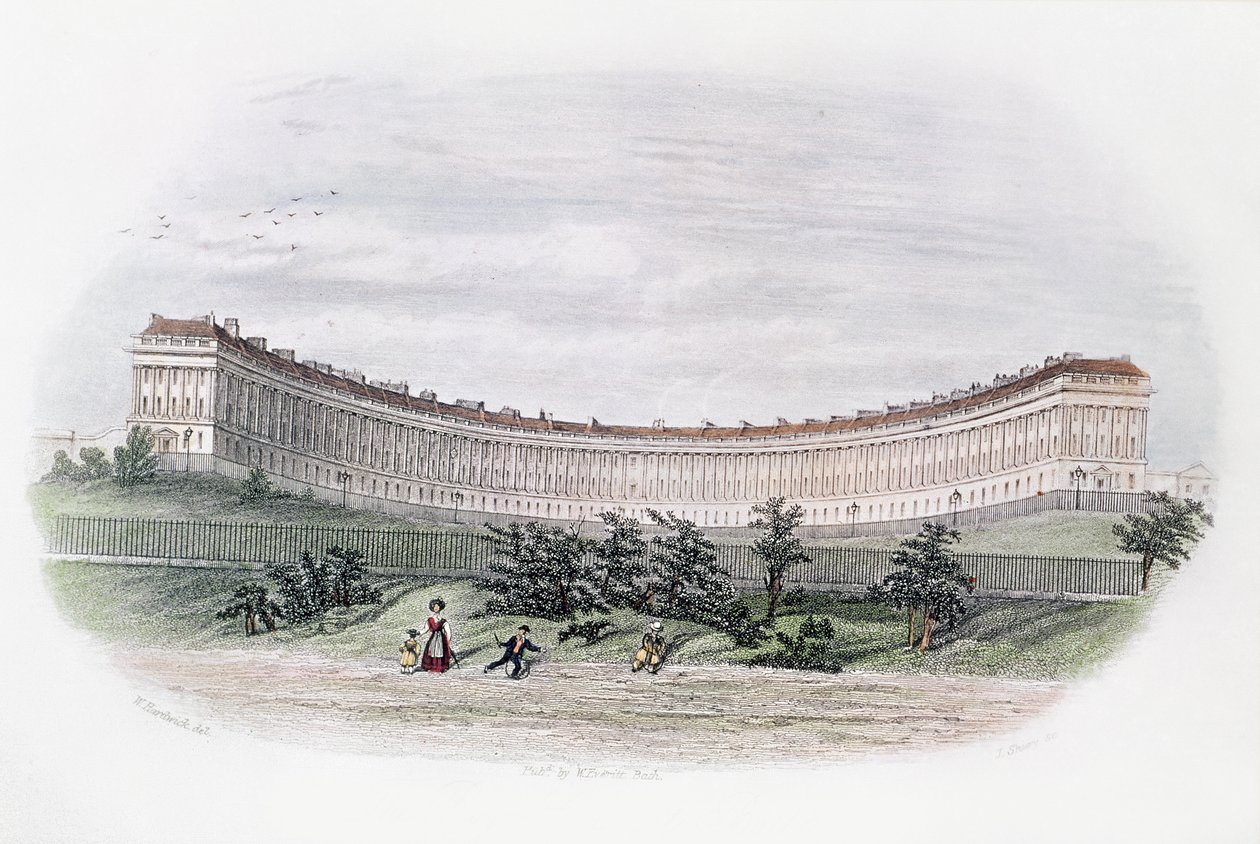 皇家新月，巴斯，来自公园，由J. Shury雕刻，1840年 作者 巴斯的威廉·N·哈德威克