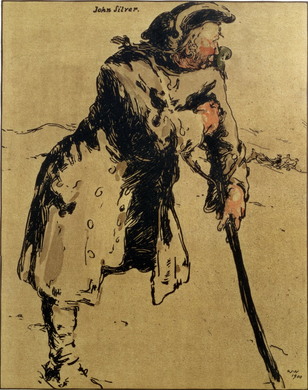 约翰·西尔弗 (John Silver)，《浪漫人物》插图，1900 年首次出版（彩色平版印刷） 作者 威廉·尼科尔森