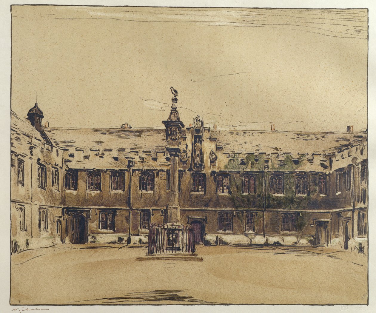 牛津大学基督圣体学院前院（纸上水墨钢笔画） 作者 威廉·尼科尔森