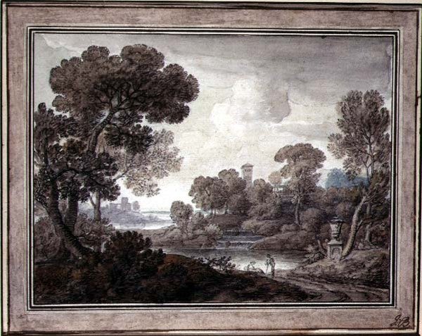 古典风景，约1770年（纸上笔墨和水彩）。 作者 威廉·奥兰
