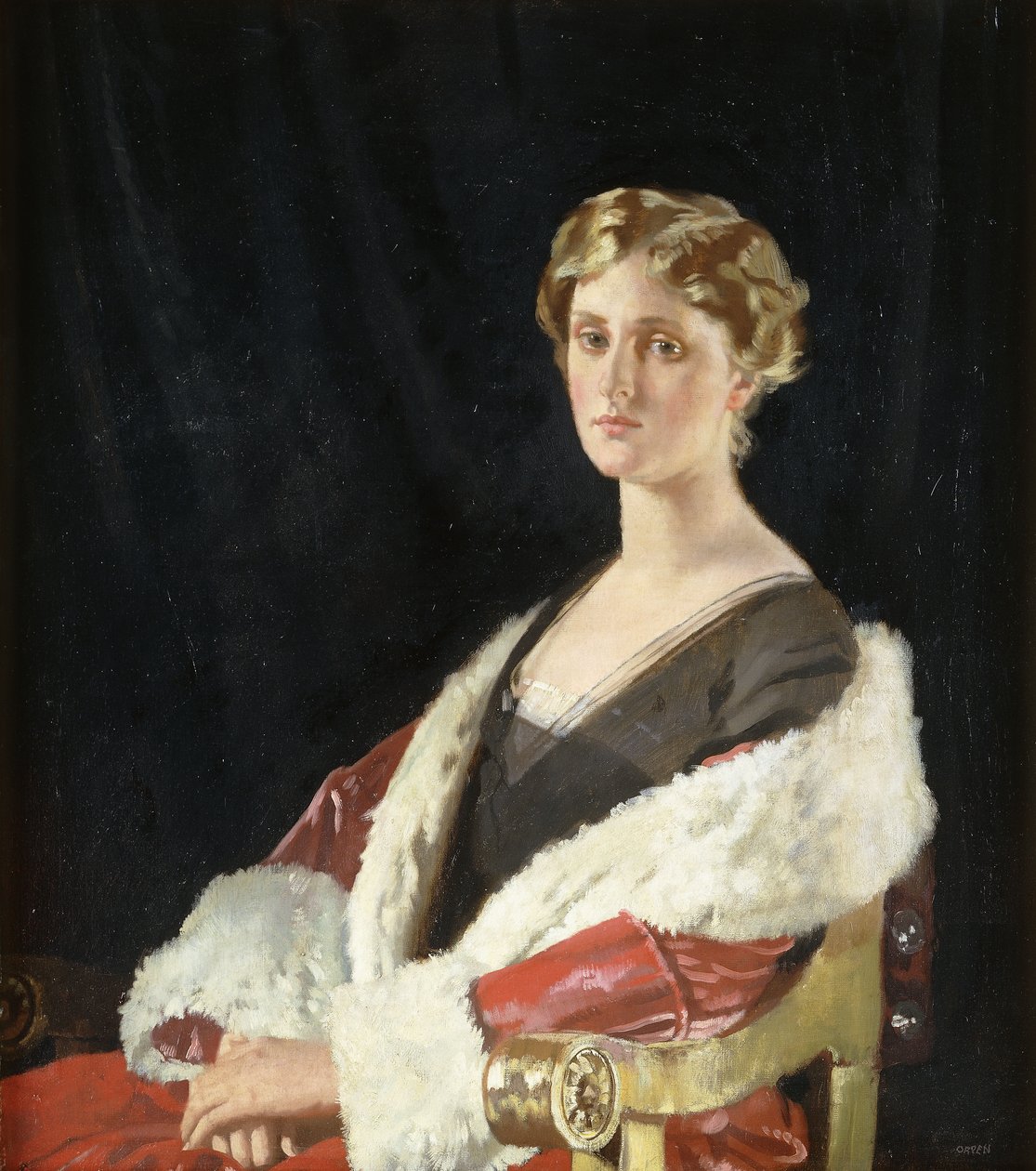 南希·奥斯瓦尔德·史密斯（Nancy Oswald Smith）的肖像，坐半身，穿红色衬皮大衣，1915年 作者 威廉·奥彭