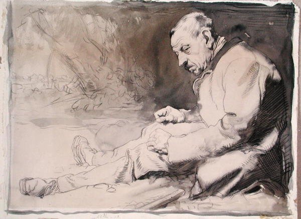 老人研究》（纸上铅笔和水彩画 作者 威廉·奥彭