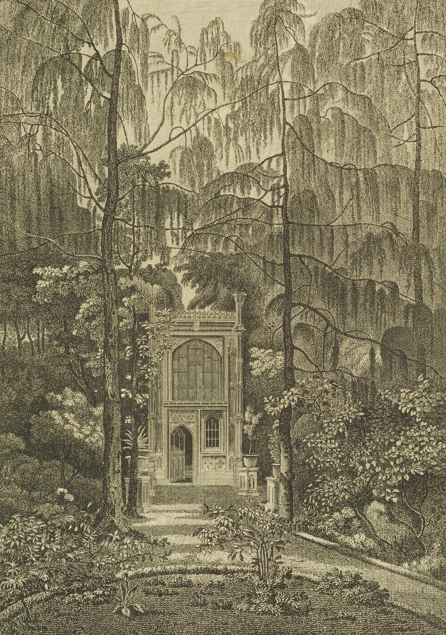 在草莓山的花园里的教堂的视图，由戈弗雷雕刻，1784年 作者 威廉·帕尔斯