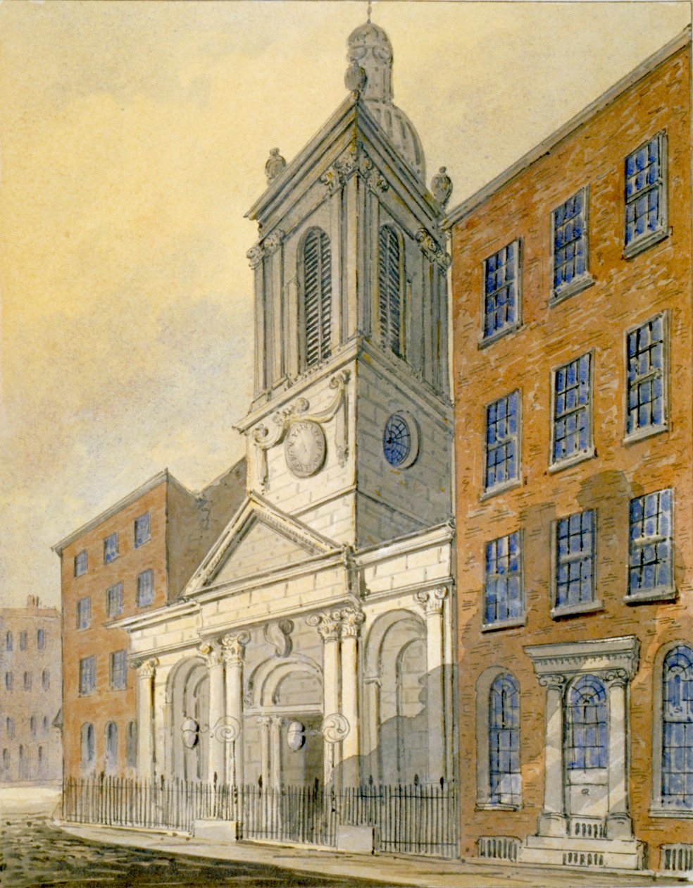 St Peter-le-Poer教堂和旧布罗德街的东北视图，伦敦市，1815年 作者 威廉·皮尔森