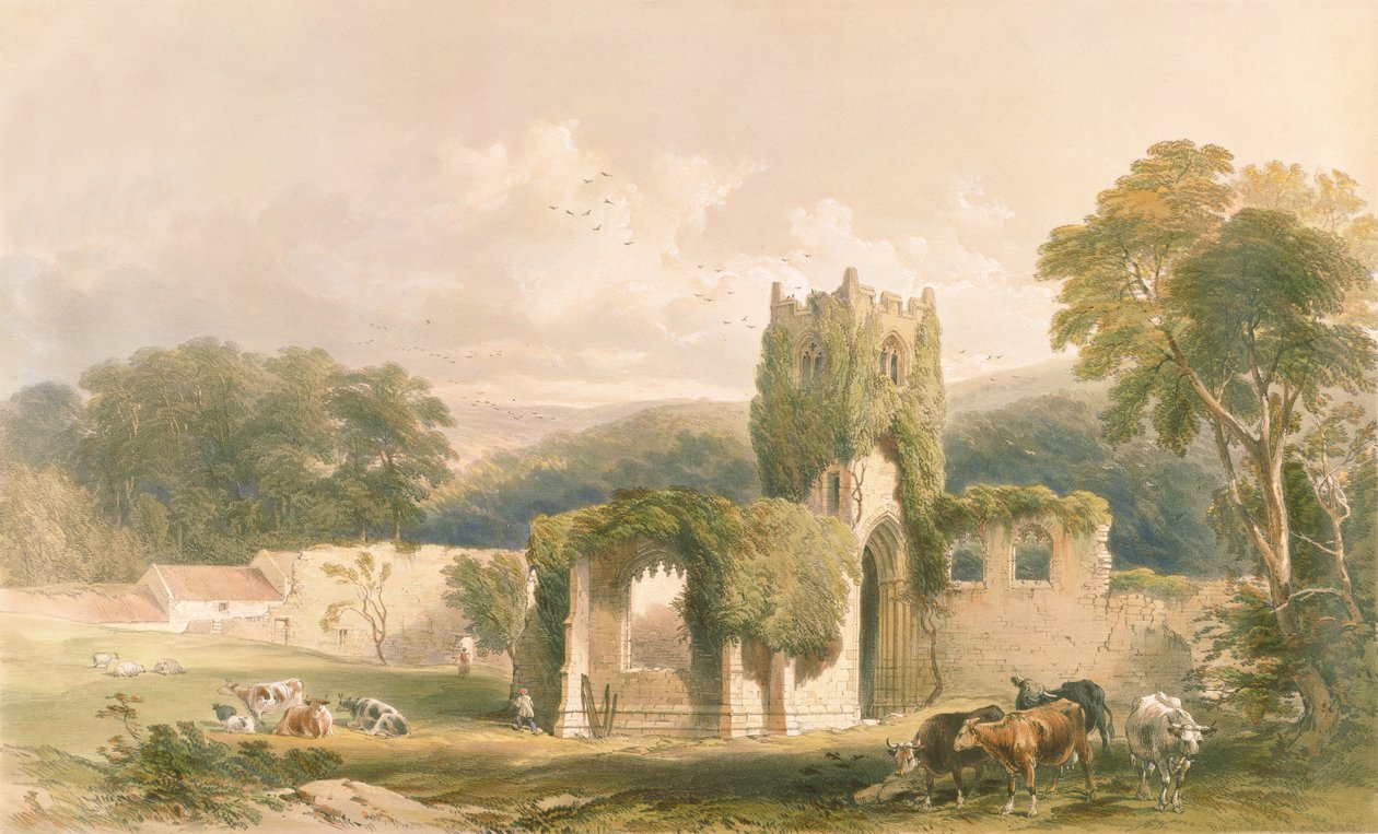 Mount Grace修道院，教堂外部，来自约克郡的修道院遗址，由George Hawkins（1819-52）雕刻，1842年 作者 威廉·理查森