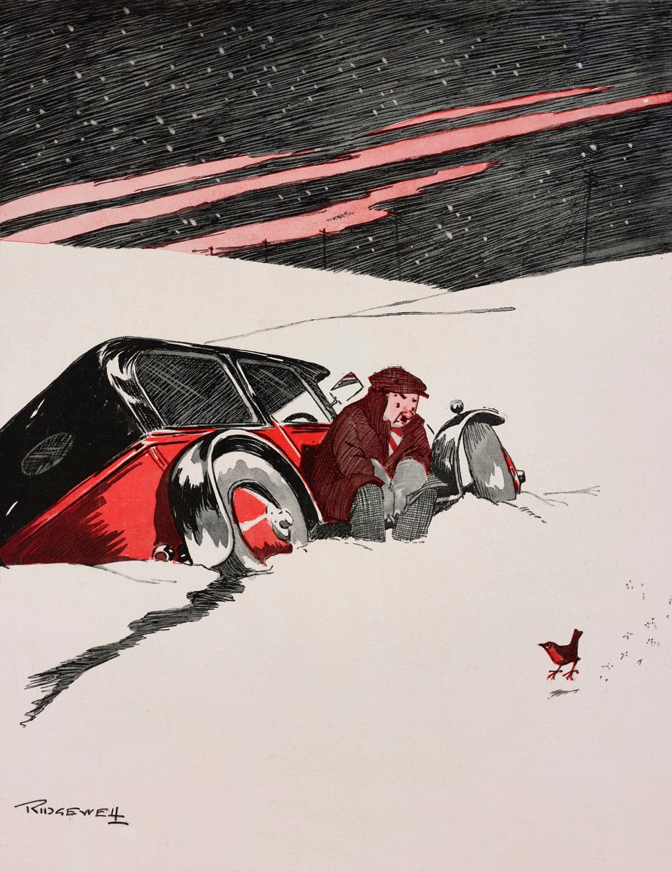 当红红罗宾出现时，鲍勃·鲍勃·博宾 (Bob Bob Bobbin) 出现在一辆陷在雪中的汽车中的司机，威廉·里奇韦尔 (1881-1937) 的漫画，出自《闲谈者》，第 1434 期，12 月 19 日 作者 威廉·里奇韦尔