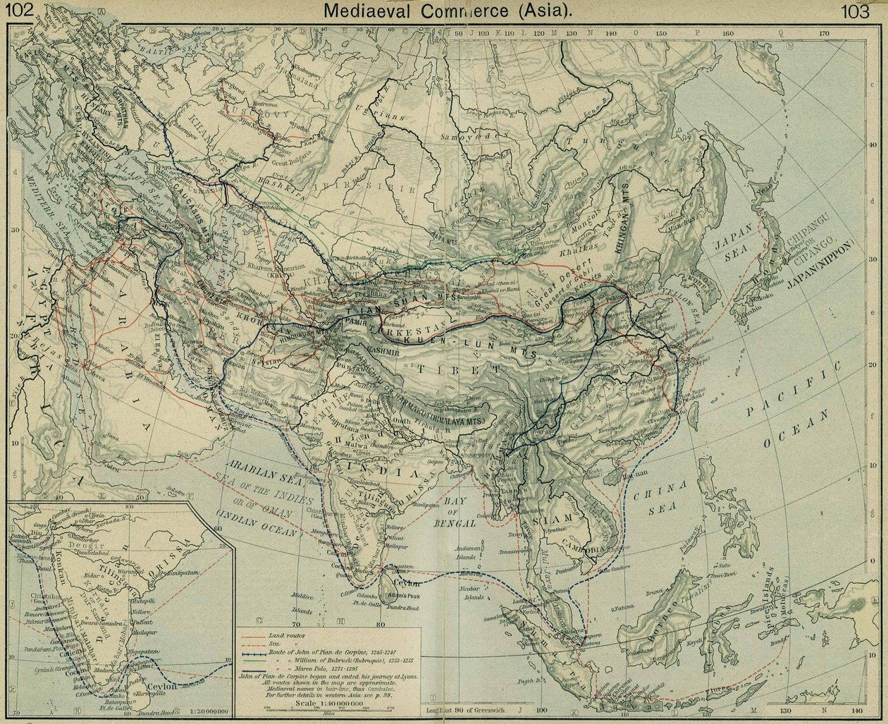 中世纪的亚洲商业。摘自《历史地图集 作者 威廉·罗伯特·谢泼德