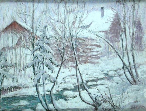 雪地上的木屋（纸板上的粉彩画 作者 威廉·塞缪尔·霍顿