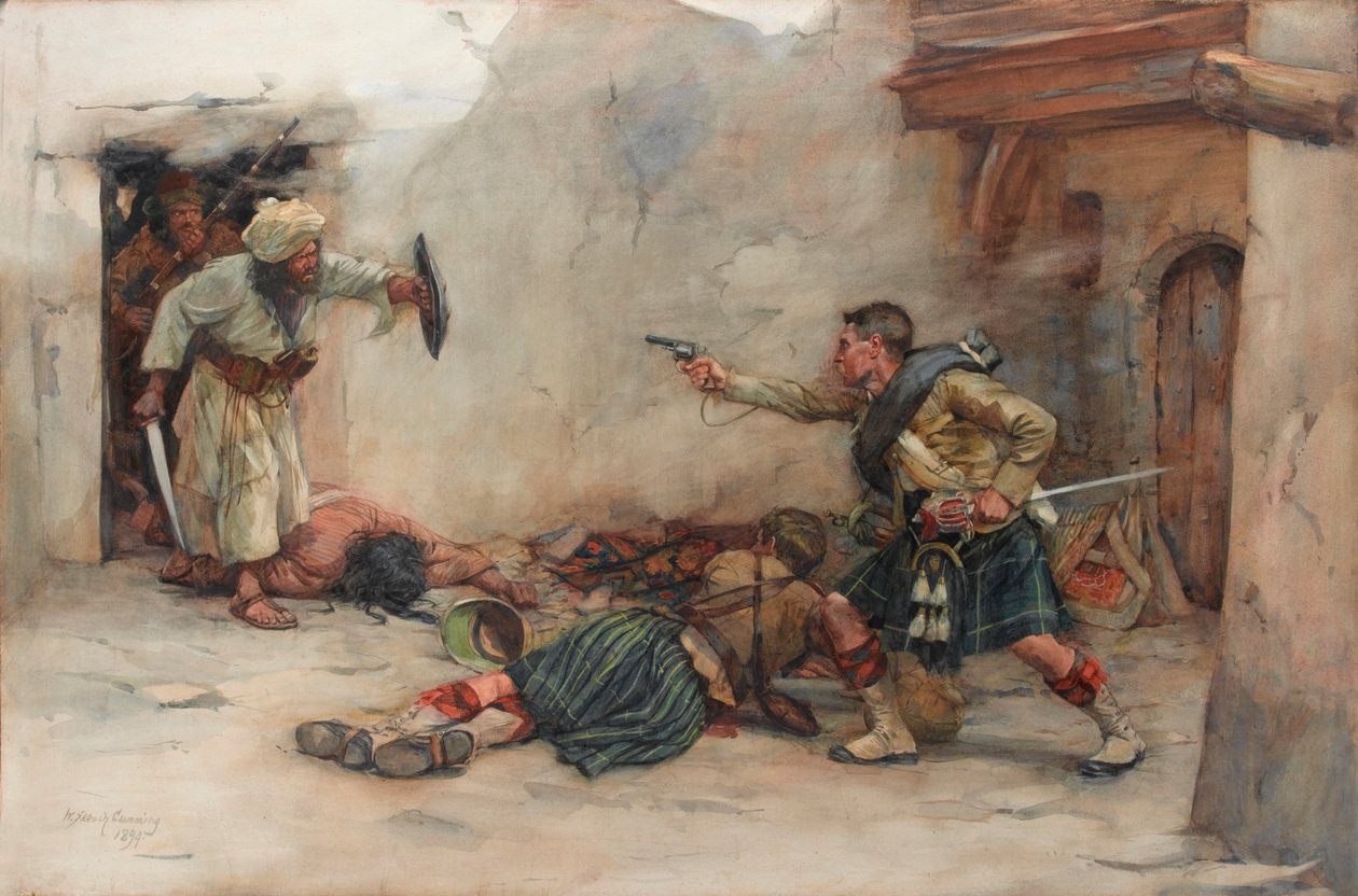 第 92 戈登高地步兵团鼓手詹姆斯-罗迪克（James Roddick）在坎大哈的徒手搏斗中保护孟席斯中尉 作者 威廉·斯科奇·卡明