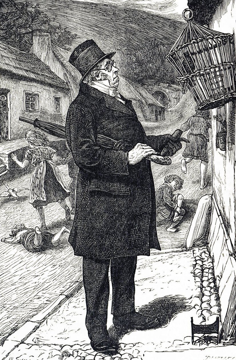 Cartoon depicting a top-hatted man outraged by a pet starling disturbing the Sabbath by making the children laugh and shout at it
