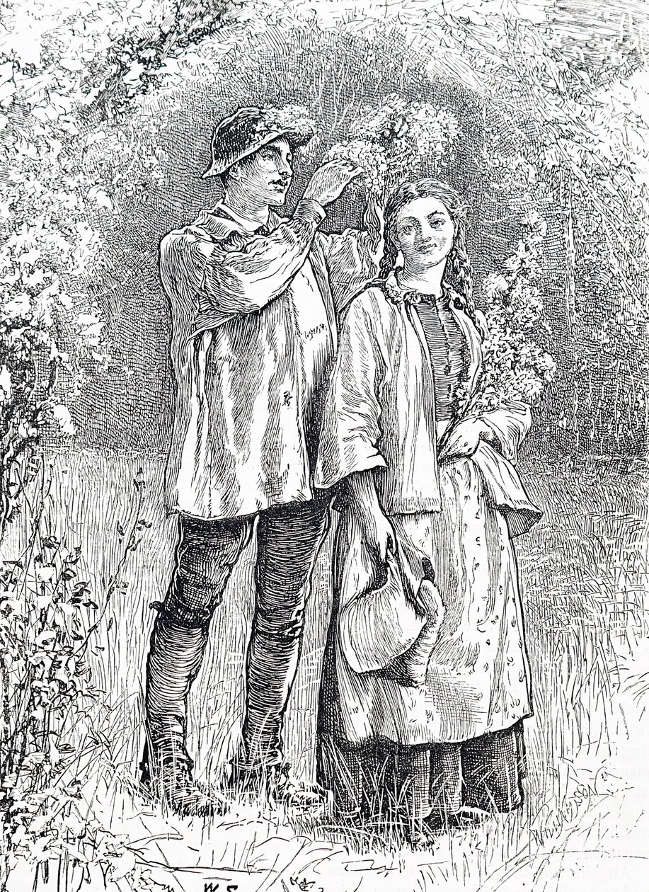 The crowning of the May Queen with a wreath of hawthorn by her sweetheart. By William Small (1843-1929) an English illustrator 作者 威廉·斯莫特