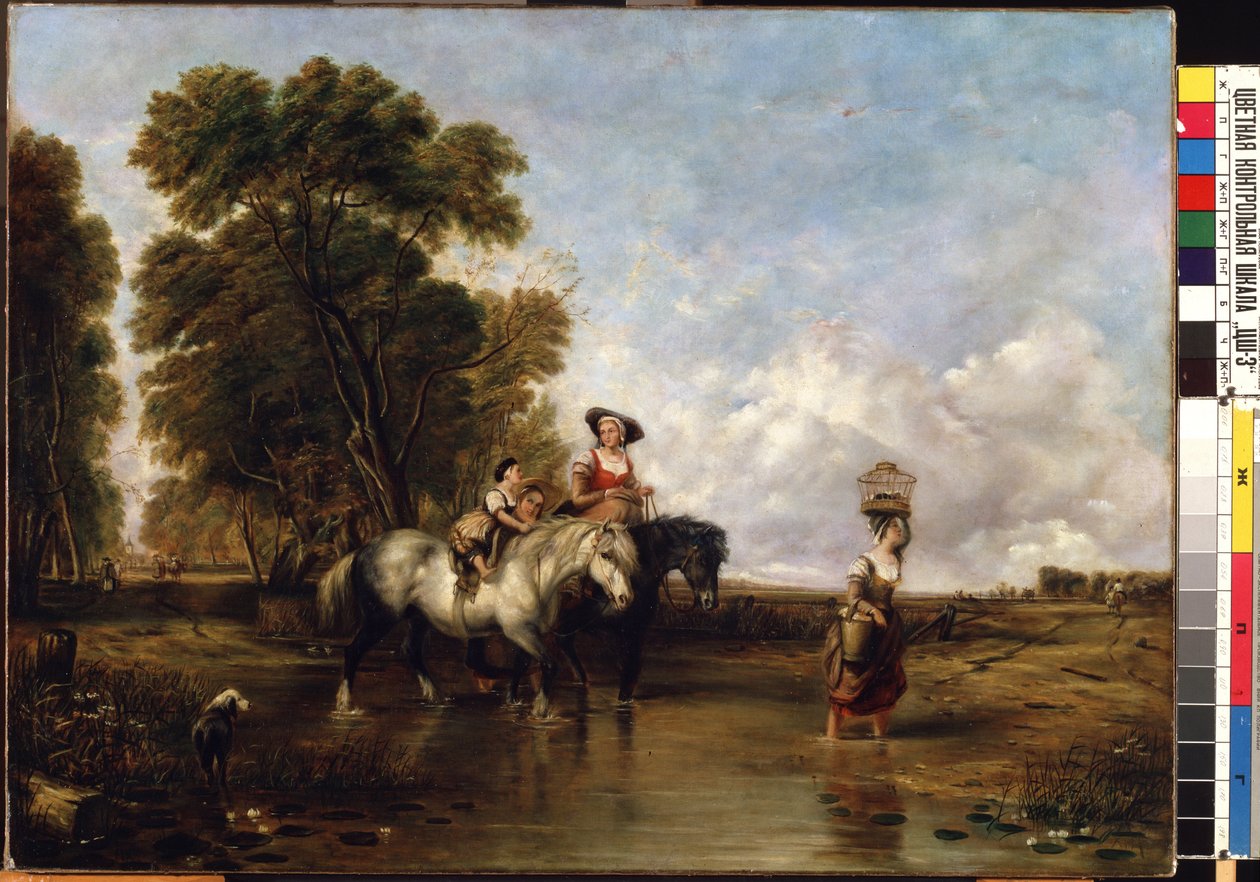 Traversee a gue（穿越岔道）。威廉-沙耶（William I Shayer，1788-1879 年）的画作。布面油画，94.5 x 127.5 厘米。19 世纪英国画派。国家 M.K. Ciurlionis 艺术博物馆，考纳斯（立陶宛）。 作者 威廉·斯尼尔沙耶尔