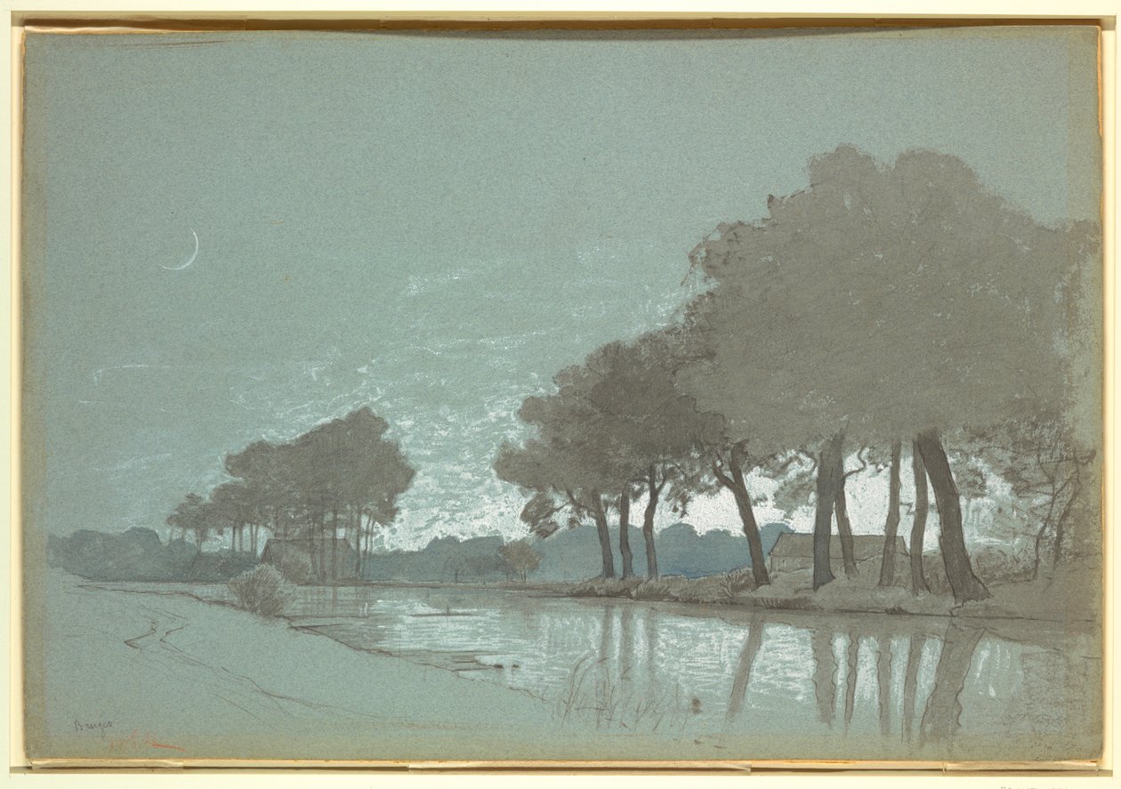 素描，比利时布鲁日附近的运河场景，1875-80 年 作者 威廉·斯坦利·哈瑟尔汀
