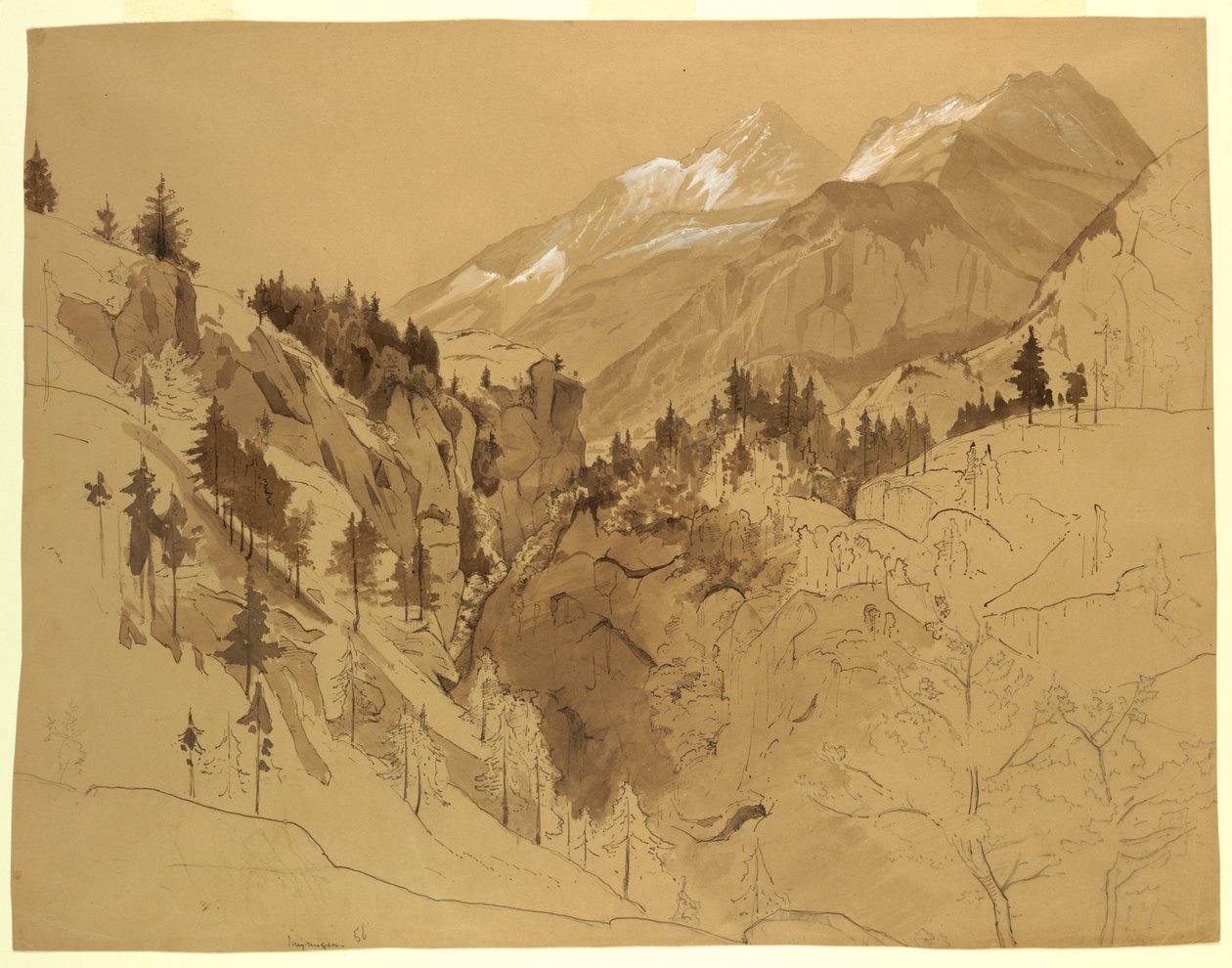绘画，瑞士迈林根附近的山脉，1856 年 作者 威廉·斯坦利·哈瑟尔汀