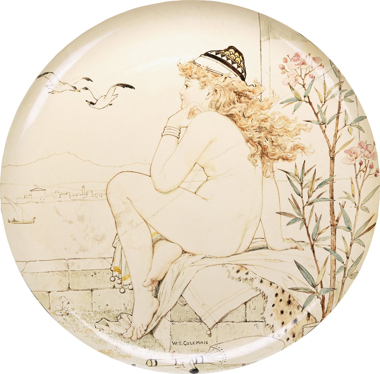 Minton Art Pottery Studio充电器，涂有裸体，凝望着大海，十九世纪 作者 威廉·斯蒂芬·科尔曼