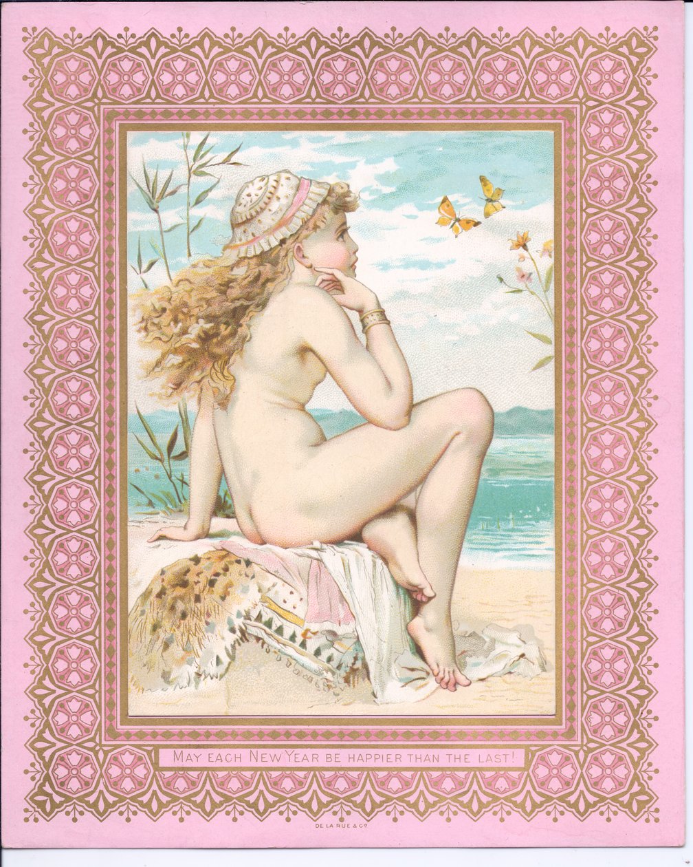 沐浴的秀丽的维多利亚女王时代的新年卡片在海滩的，c.1881 作者 威廉·斯蒂芬·科尔曼