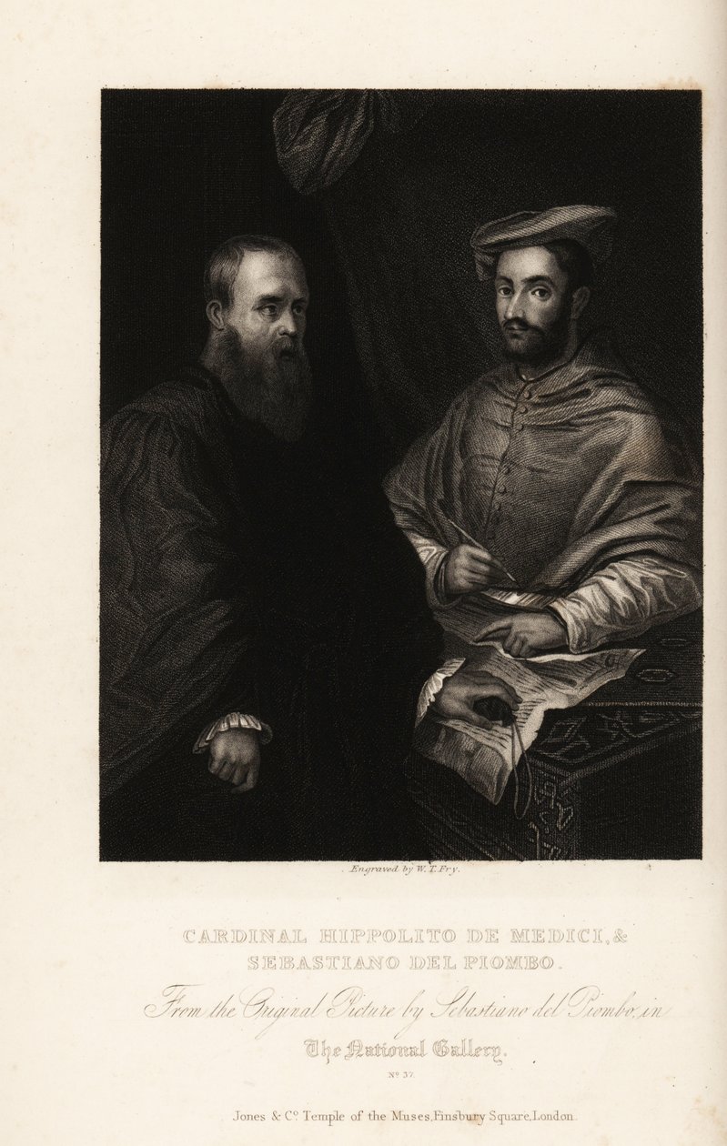 塞巴斯蒂亚诺·德尔·皮翁博 (Sebastiano del Piombo) 的肖像，他是文艺复兴盛期和早期风格主义时期的意大利画家，大约 1485-1547 年，与红衣主教伊波利托·德·美第奇 (Ippolito de