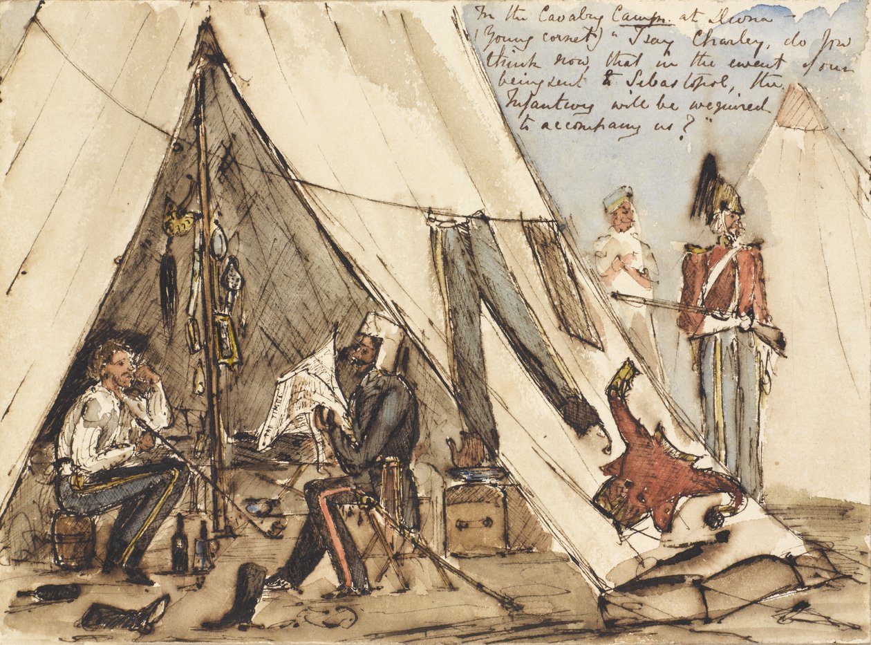 在Devna的骑兵营（Young Cornet）？我说Charley，你觉得现在我们被派往Sebastopol，步兵将被要求陪伴我们吗？c.1854（钢笔墨水和wc） 作者 威廉·托马斯·马克汉姆
