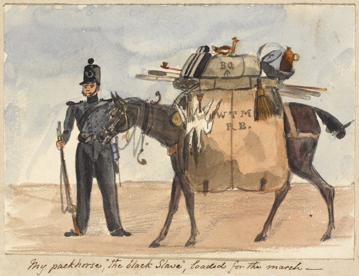 我的驮马，“黑奴”，满载行军，约 1854 年（纸本水彩画和铅笔） 作者 威廉·托马斯·马克汉姆