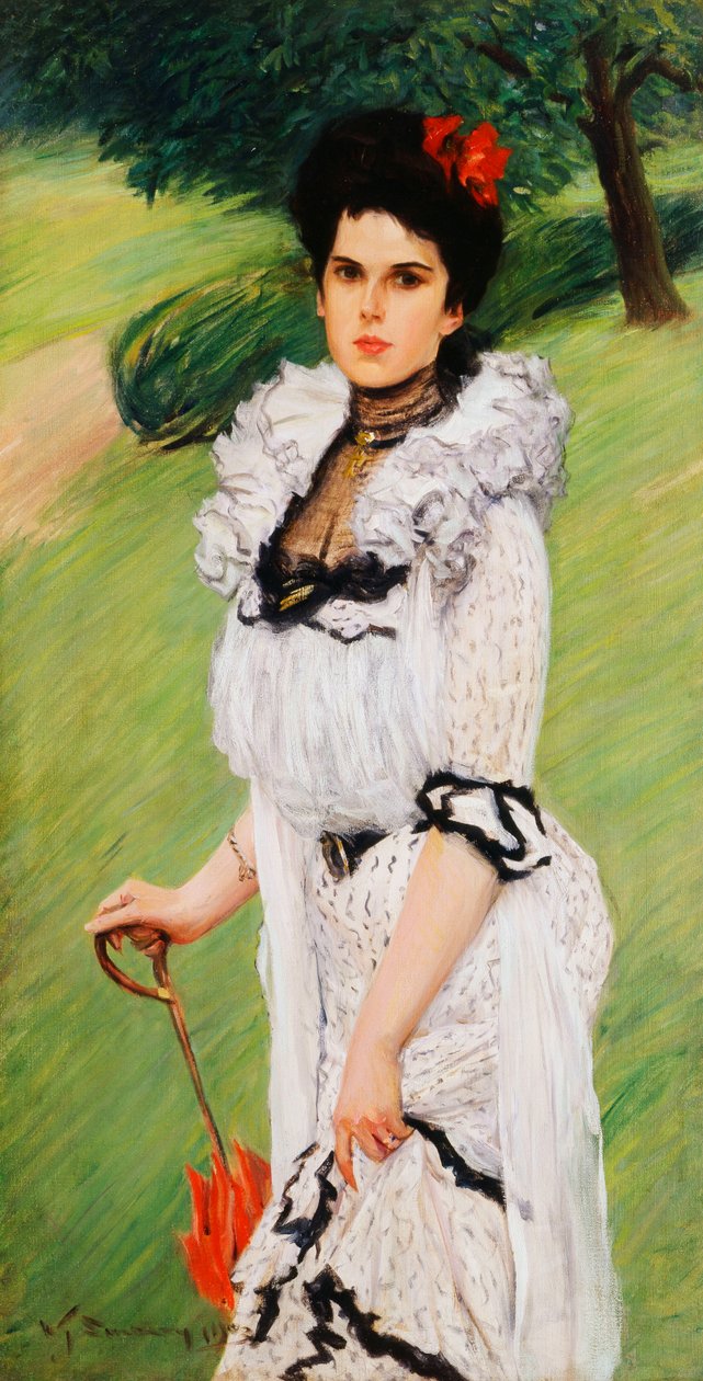 白色礼服-公园里一个年轻女子的画像，1903年 作者 威廉·托马斯·斯梅德利