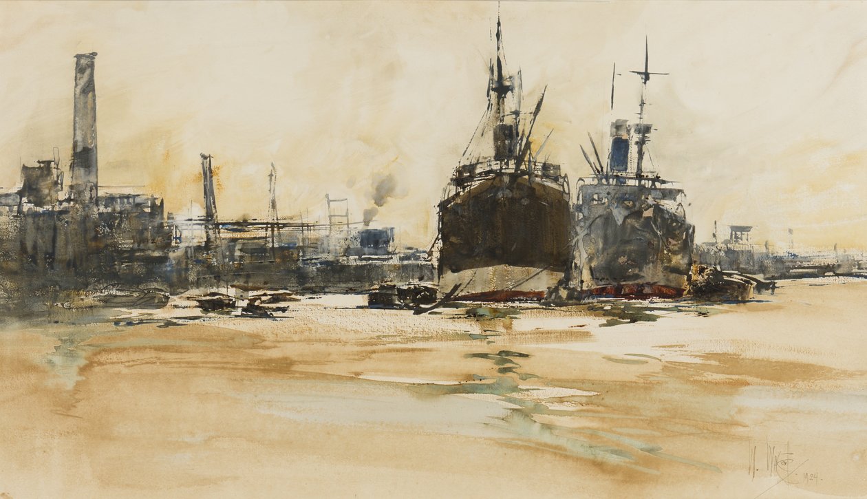 伦敦游泳池，1924年（笔，画笔，墨水，纸和水粉纸） 作者 威廉·沃尔科特