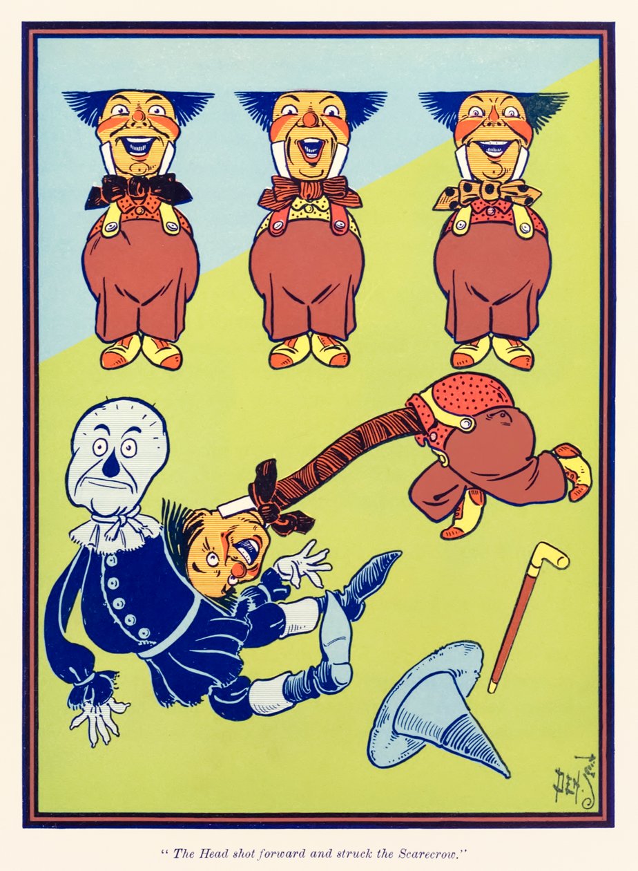 头部向前射出，击中了稻草人。 摘自《绿野仙踪》，作者L. Frank Baum 作者 威廉·华莱士·丹斯洛