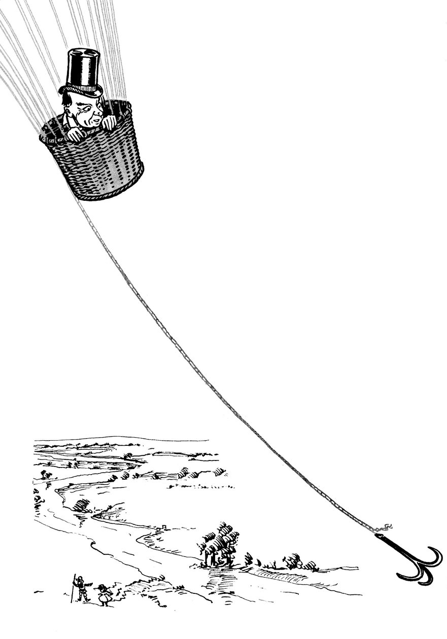 绿野仙踪》--《绿野仙踪》：丹斯洛、威廉-华莱士（1856-1915）为弗兰克-鲍姆的书（1856-1919）1900年第一版绘制的图画--魔术师在气球的篮子里飞翔--。 作者 威廉·华莱士·丹斯洛