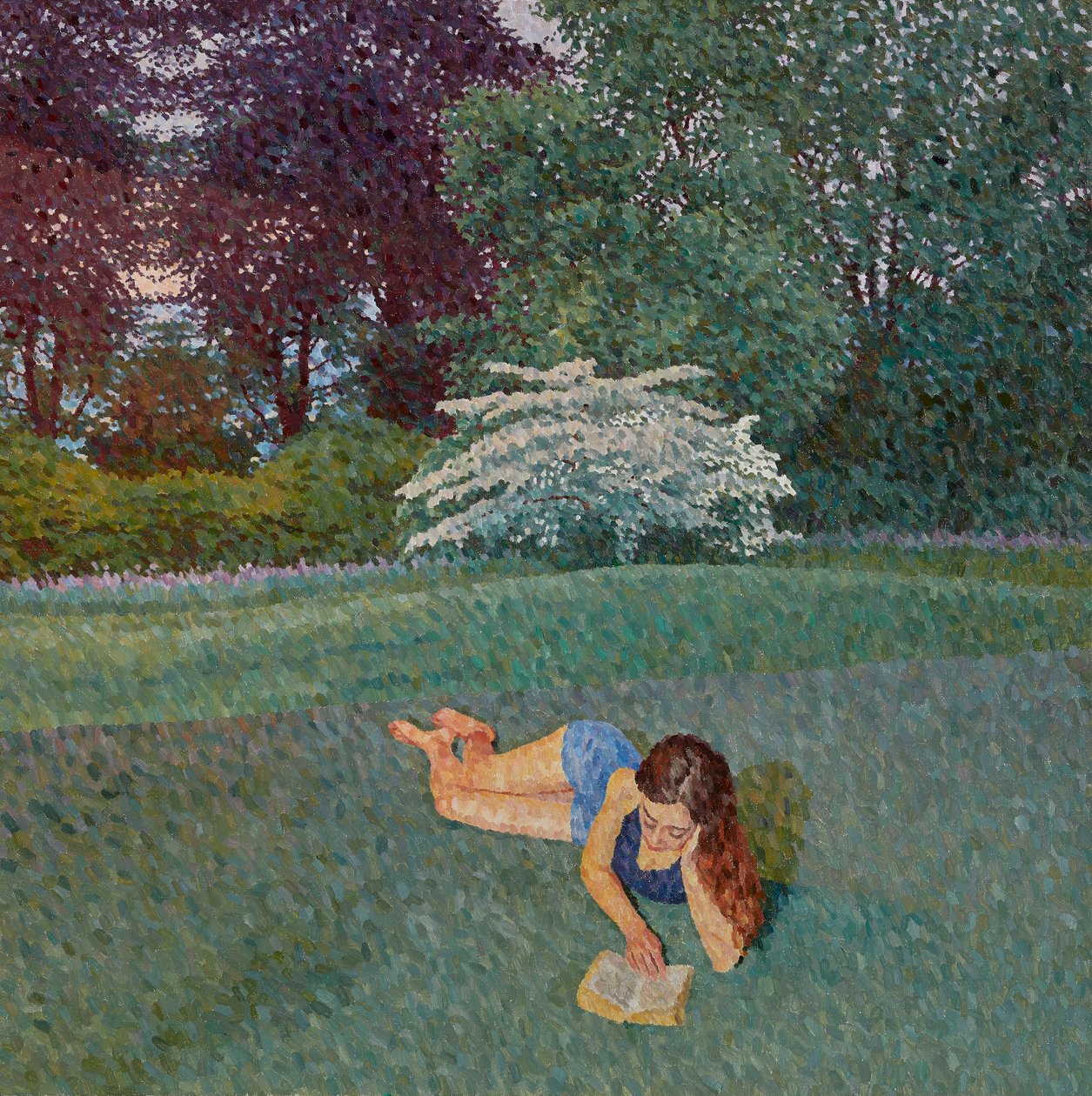与风景读书的女孩，2019（布面油画） 作者 威廉·威尔金斯