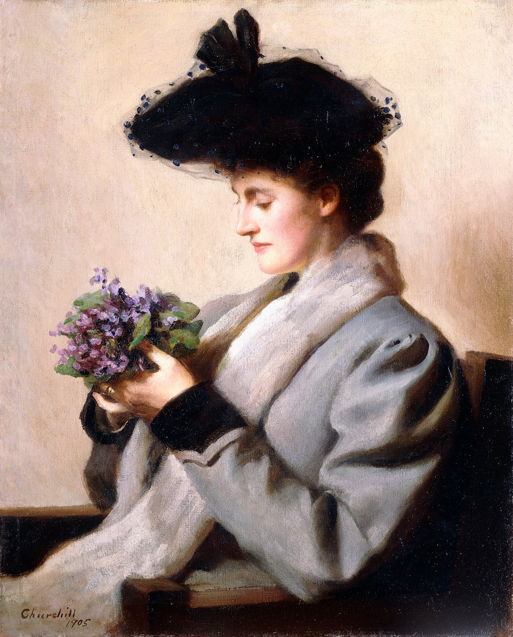 紫罗兰的花束-女人的画像，1905年 作者 威廉·伍斯特·丘吉尔
