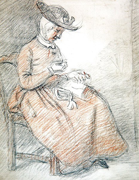 坐着缝衣服的女人（纸上红黑粉笔画） 作者 巴斯霍尔的威廉