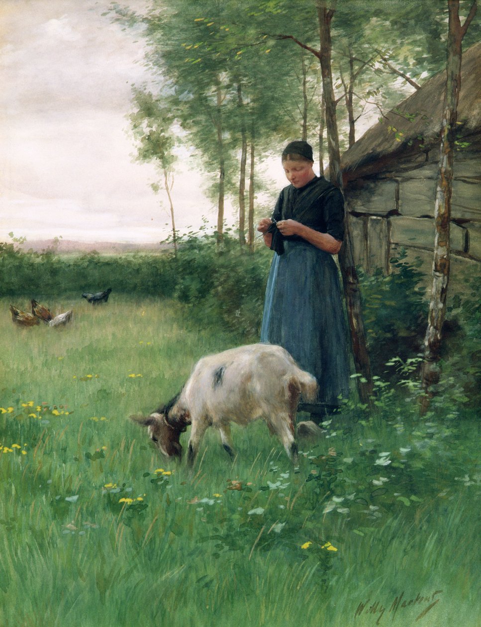有山羊和鸡的荷兰女孩，c.1910 作者 威利·马滕斯