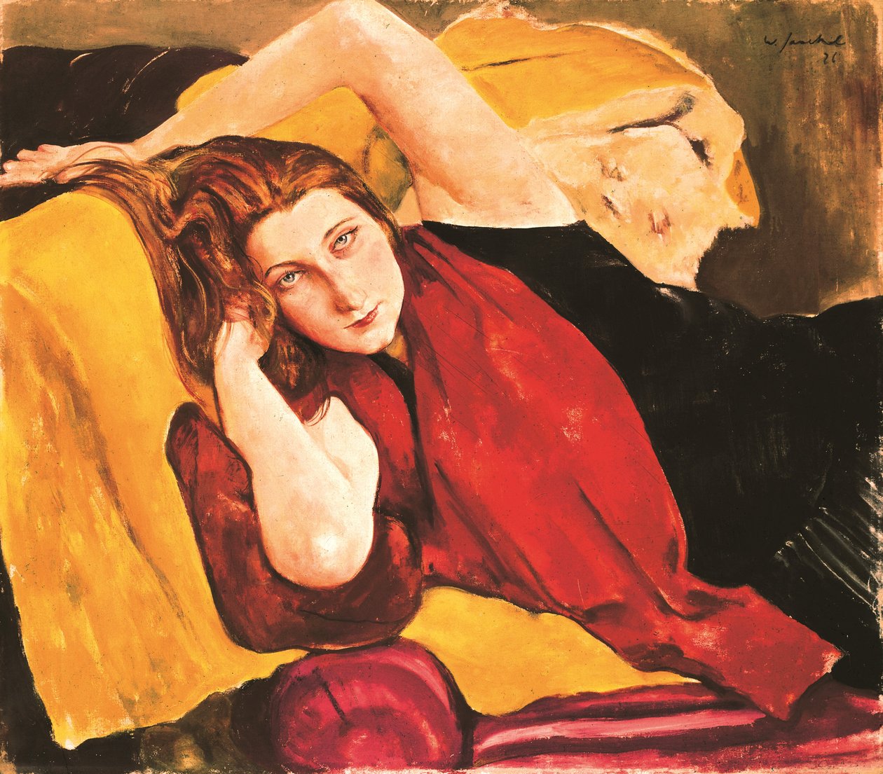 戴红围巾的女孩肖像，作者：威利·杰克尔（Jaeckel, Willy，1888-1944 年）。 布面油画 作者 威利·杰克尔