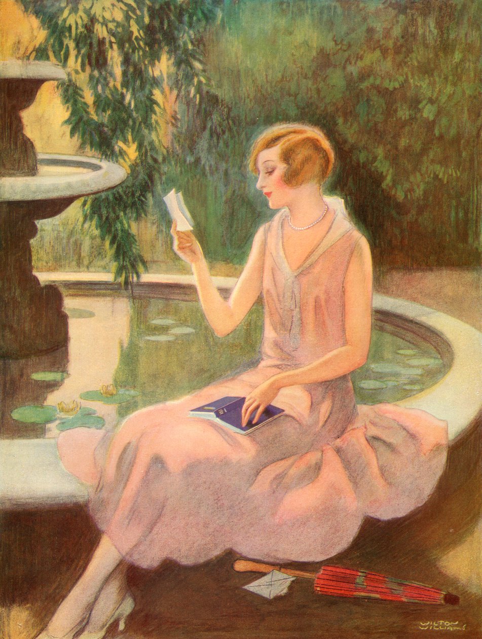 Young woman reading a love letter by a fountain, c.1925 (screenprint) 作者 威尔顿·威廉姆斯