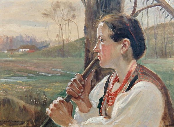 与耙子在一起的女孩，约1914年（油画板）。 作者 温森蒂·沃兹诺夫斯基