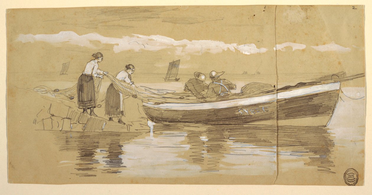绘图，渔夫和妇女在一个搁浅的海鲂，Cullercoats，英国存放网 作者 温斯洛·荷马