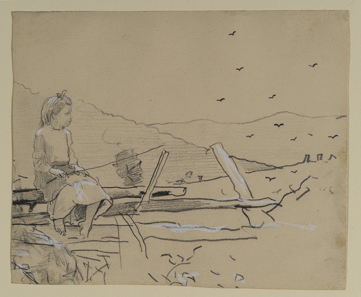 女孩坐在铁栅栏上，1879年（石墨与中国白纸） 作者 温斯洛·荷马