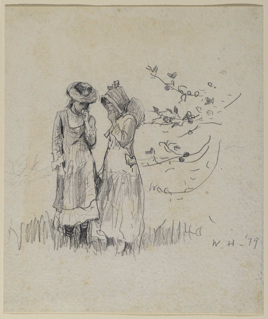 两个女孩在一个领域，1879年（石墨在纸上） 作者 温斯洛·荷马