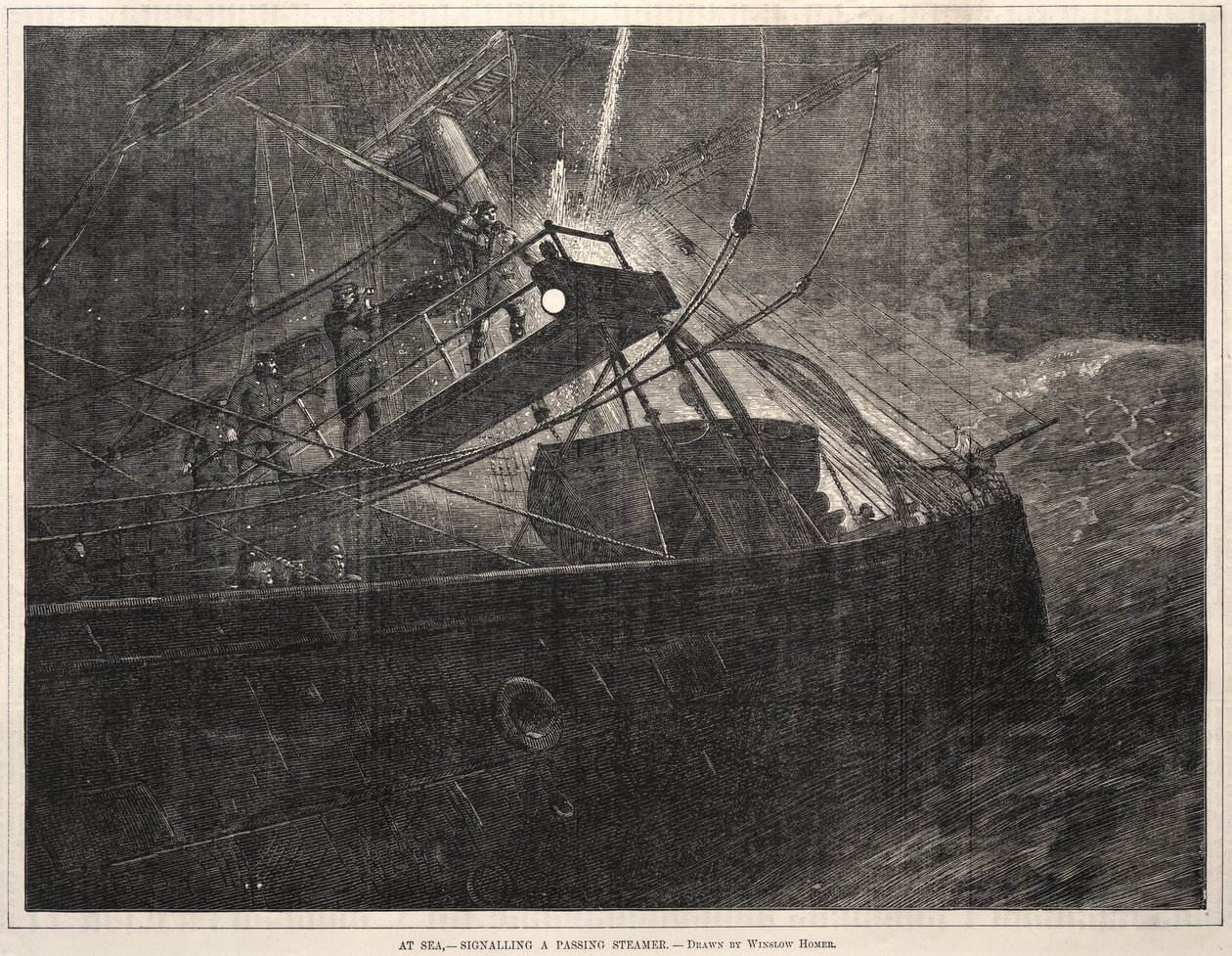 在海上，发信号示意通过的火轮，1871年。 作者 温斯洛·荷马