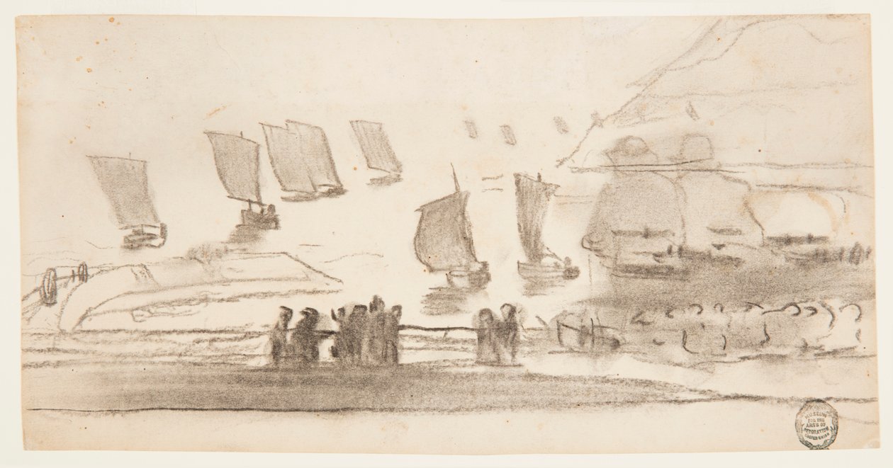 素描，有人物和渔船的海滩场景，英格兰库勒科茨，1881-82 年 作者 温斯洛·荷马