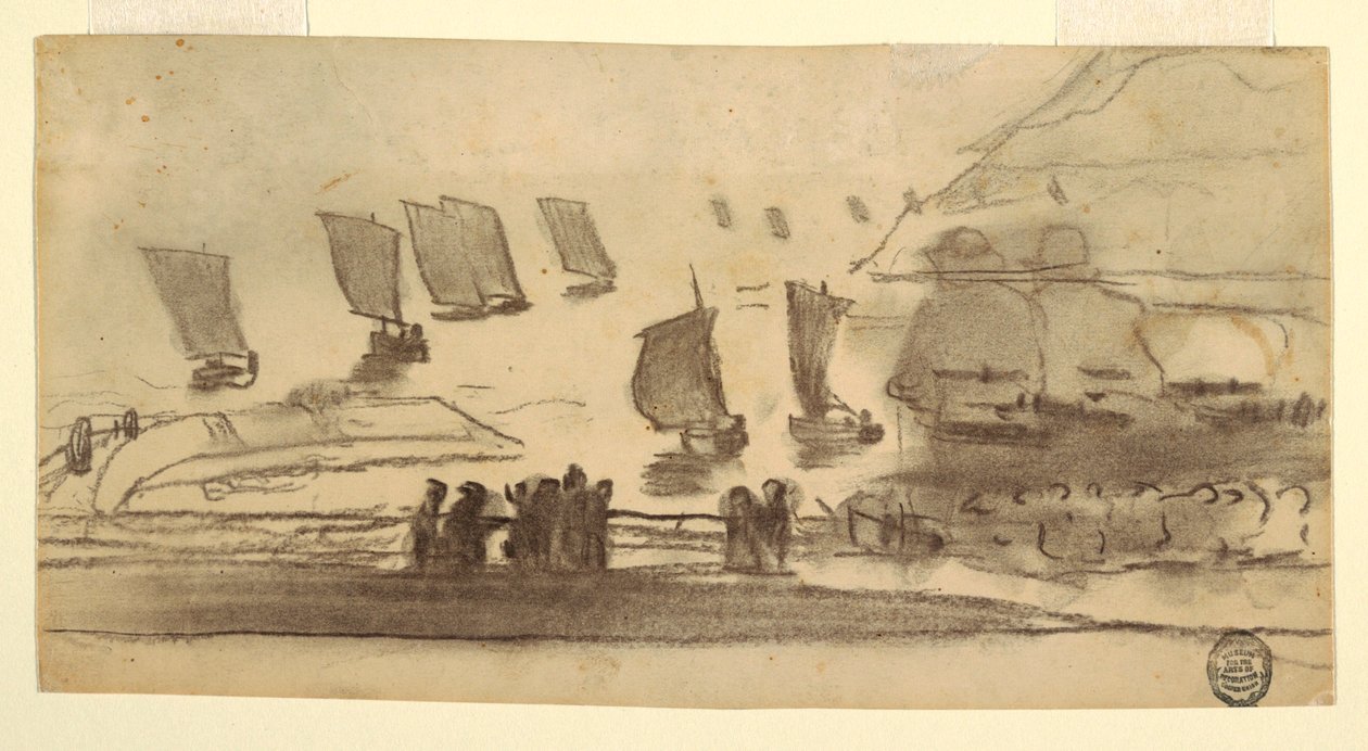 素描，有人物和渔船的海滩场景，英格兰库勒科茨，1881-82 年 作者 温斯洛·荷马