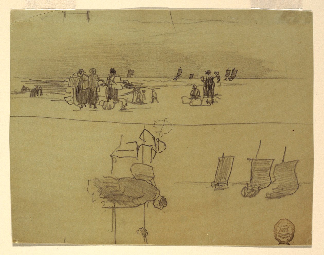 素描，有提着篮子的妇女的海滩场景，英格兰库勒科茨，1881-82 年 作者 温斯洛·荷马