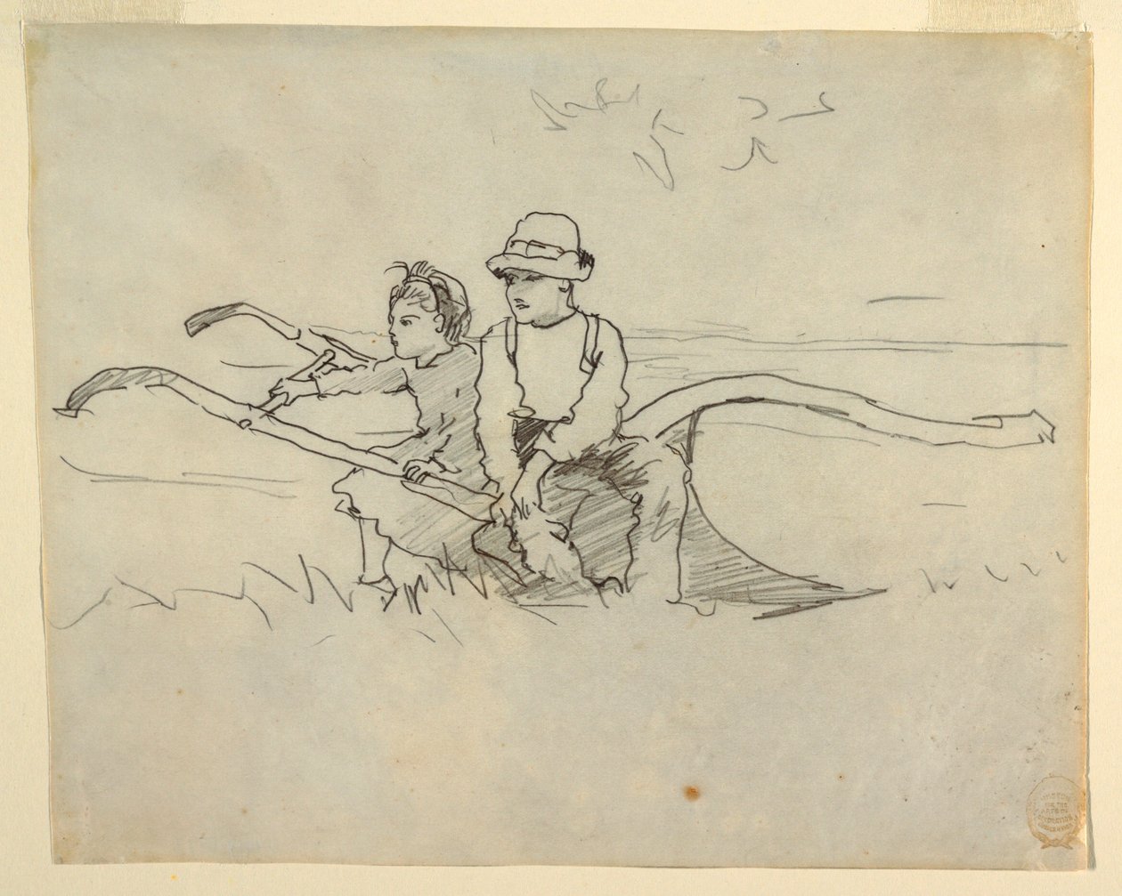 素描，坐在犁上的男孩和女孩，1879 年 作者 温斯洛·荷马