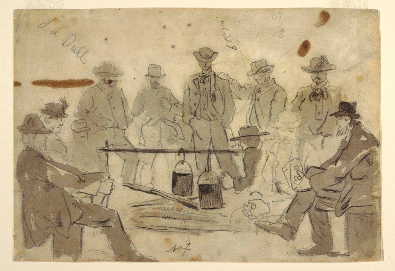 素描，篝火与围成一团的士兵，1862 年 作者 温斯洛·荷马