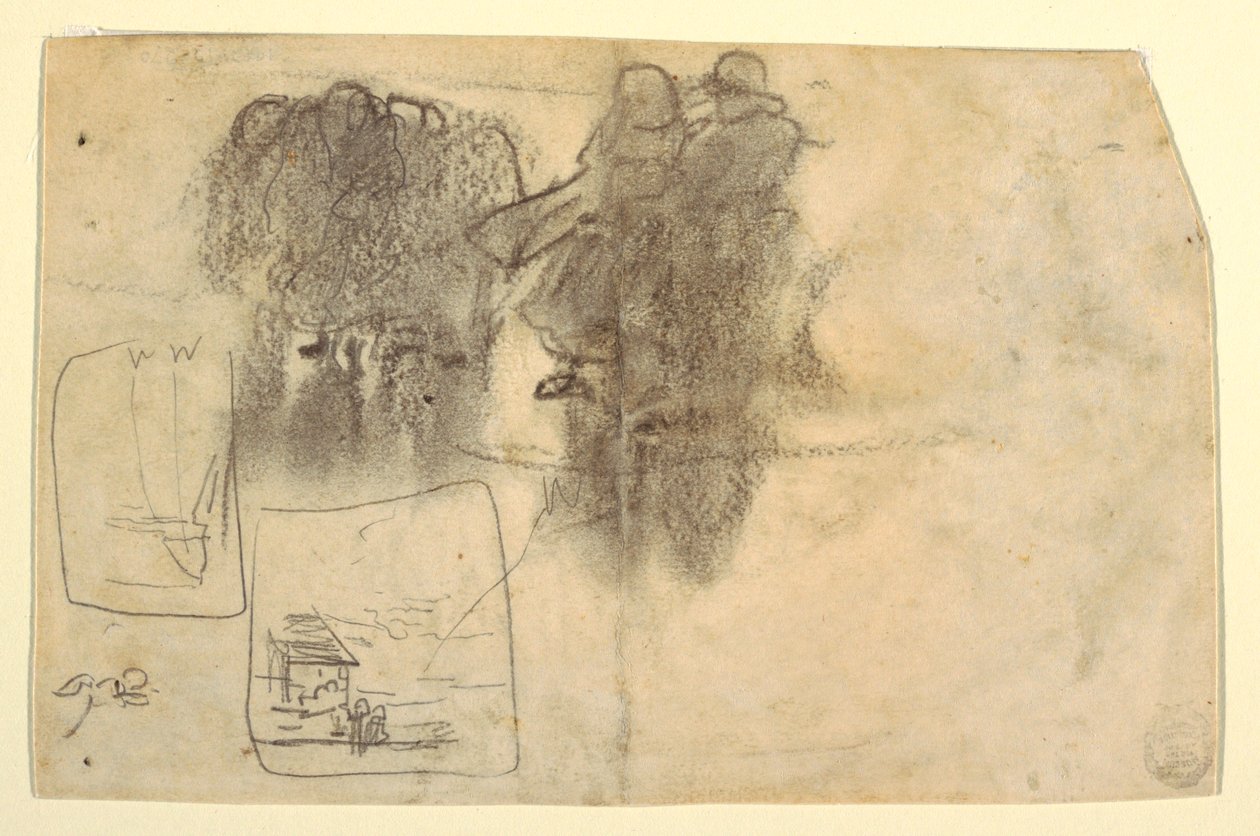 素描，《建筑物里的人物与远处的海洋》，英格兰库勒科茨，1881 年 作者 温斯洛·荷马