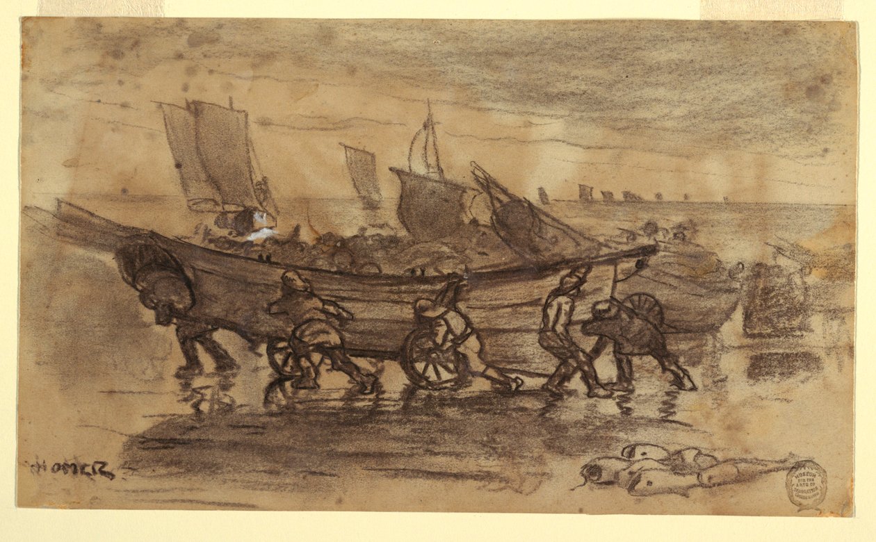 素描，《渔民在多利鱼上岸》，英格兰库勒科茨，1881 年 作者 温斯洛·荷马
