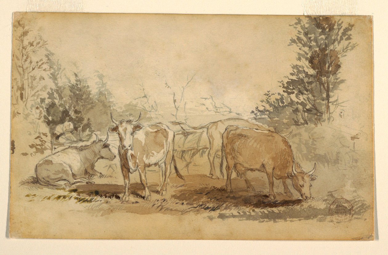 素描，四头在牧场上吃草的奶牛，约 1855-60 年 作者 温斯洛·荷马
