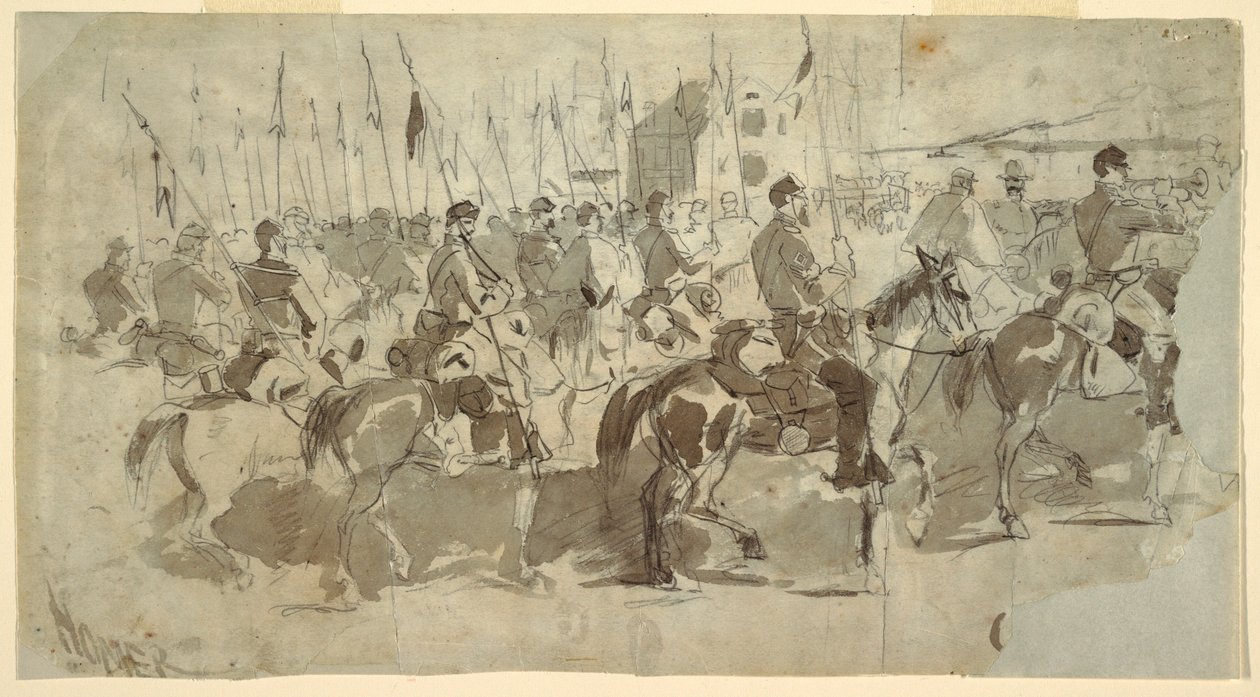 绘图，麦克莱伦将军的第六骑兵团于 1862 年 4 月 2 日在亚历山大登船前往旧舒适点 作者 温斯洛·荷马