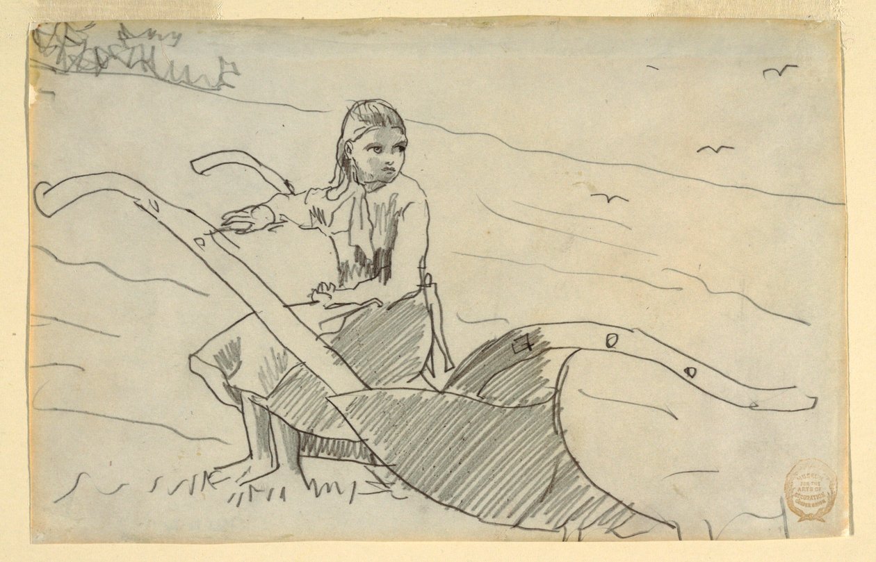 素描，坐在犁上的女孩，1879 年 作者 温斯洛·荷马